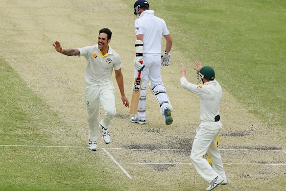 Mitchell Johnson celebrates taking the wicket of Graeme Swann.