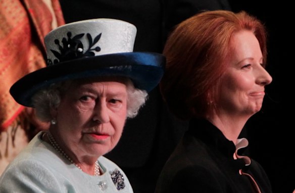 Her Majesty The Queen accompanied by Australian Prime Minister Julia Gillard pose for a group photo with Commonwealth leaders at CHOGM 2011 in Perth on Friday 28 October 2011. best image quality available extreme crop Photo: Andrew Meares