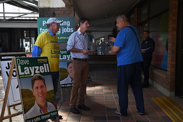 The Nationals candidate in the Upper Hunter by-election Dave Layzell (Centre) at the pre-poll booth in Muswellbrook, talks about his key policy issues he is campaigning on.
