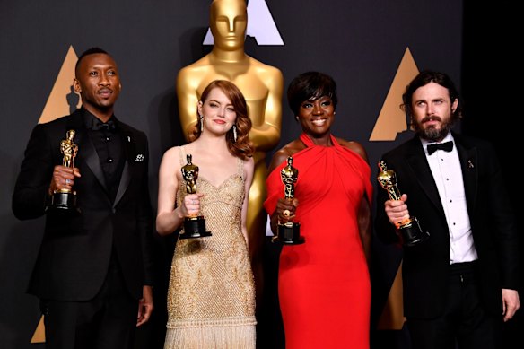 Mahershala Ali (best supporting actor, <i>Moonlight</i>), Emma Stone (best actress, <i>La La Land</i>), Viola Davis (best supporting actress, <i>Fences</i>) and Casey Affleck (best actor, <i>Manchester by the Sea</i>) pose with their Oscars.