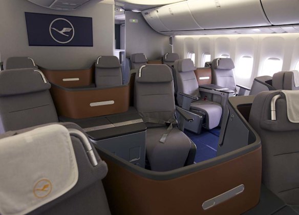 Business class seats on board the Lufthansa Boeing 747-8 Intercontinental.