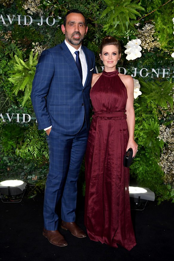 Former Sydney Swans AFL footballer Adam Goodes and wife Natalie Croker arrive at the David Jones Spring Summer 2018 Collections Launch.