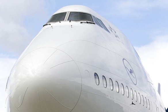 The Boeing 747-8 Intercontinental airliner's nose.