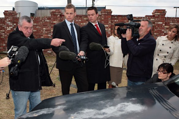 Des Moran speaking to the media, March 18 2009, outside his Ascot Vale home where a gunman fired a shot into his car narrowly missing him and a friend.