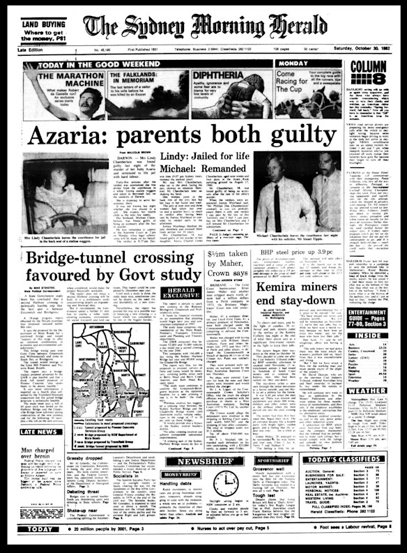 Front page of The Sydney Morning Herald from October 20 1982.