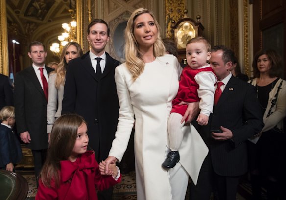 Ivanka Trump, with her husband Jared Kushner and their impeccably dressed and well behaved children, depart after her father President Donald Trump formally signed his cabinet nominations.