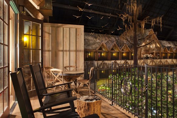 The interior of the hotel has the feel of a hunting lodge.