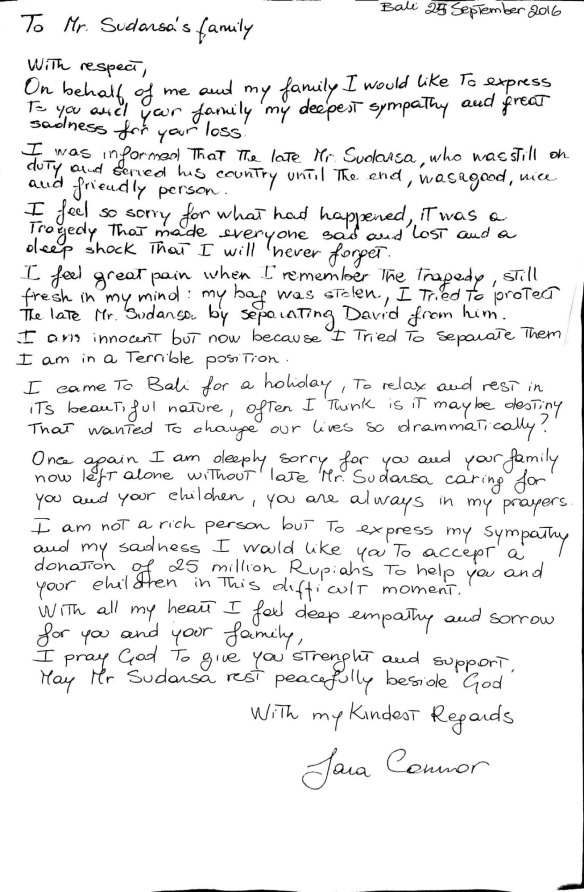 Sara Connor's letter to Ketut Arsini, the widow of Bali police officer Wayan Sudarsa.