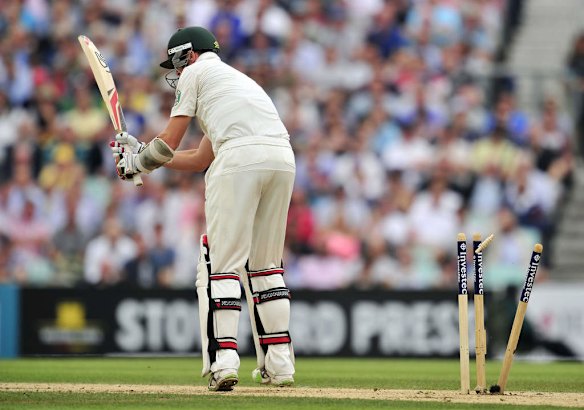 Peter Siddle is bowled by England's James Anderson.