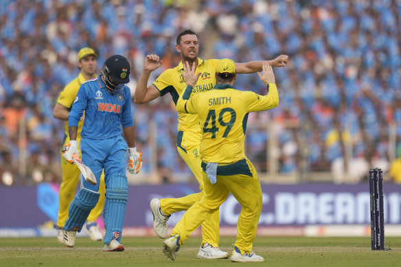 Happy Hazlewood: The big Aussie quick has been a consistent force through the World Cup, and delighted in the dismissal of Ravindra Jadeja.