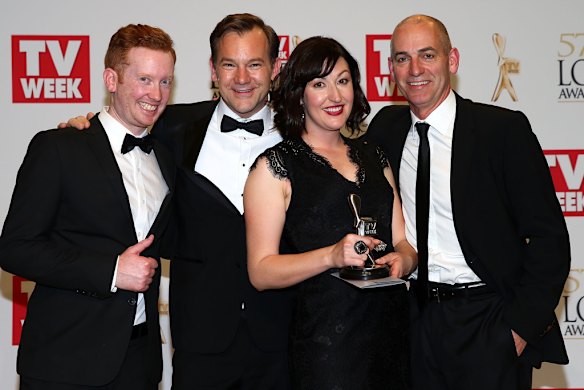 Luke McGregor, Anthony 'Lehmo' Lehmann, Celia Pacquola and Rob Sitch of <i>Utopia</i>, winner of the Logie for Most Outstanding Comedy Program.