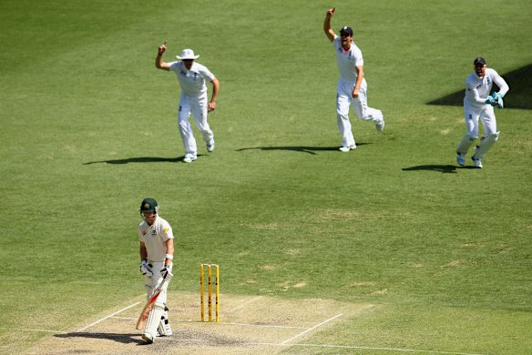 Steve Smith of Australia is caught by Matt Prior of England.