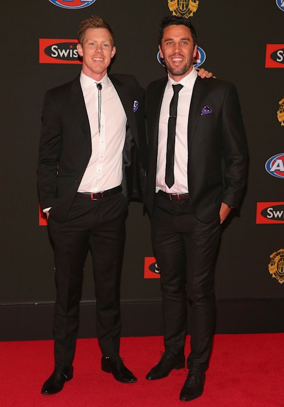 Jack Riewoldt and Troy Chaplin of the Tigers arrive at the 2015 Brownlow Medal at Crown Palladium.