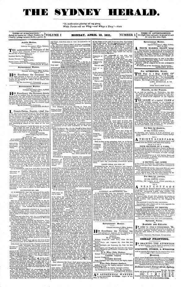 The first edition of the Sydney Herald on April 18, 1831.