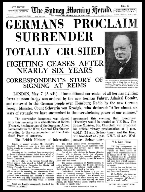 Front page of The Sydney Morning Herald from May 8 1945