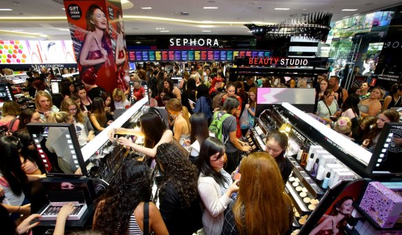 Crowds at the opening of Sephora in Sydney's Pitt Street Mall in December, 2014.