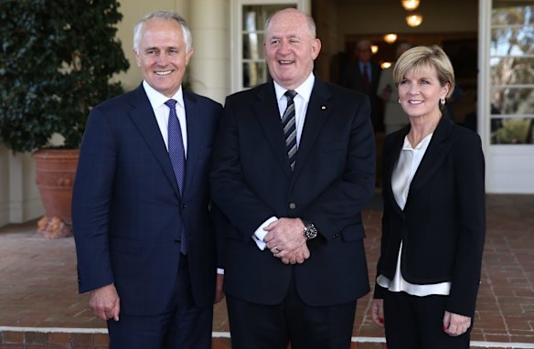 Malcolm Turnbull posed with the Governor-General Sir Peter Cosgrove and Deputy Liberal Leader Julie Bishop after he was was sworn in as the 29th Prime Minister of Australia at Government House in Canberra on Tuesday 15 September 2015.  