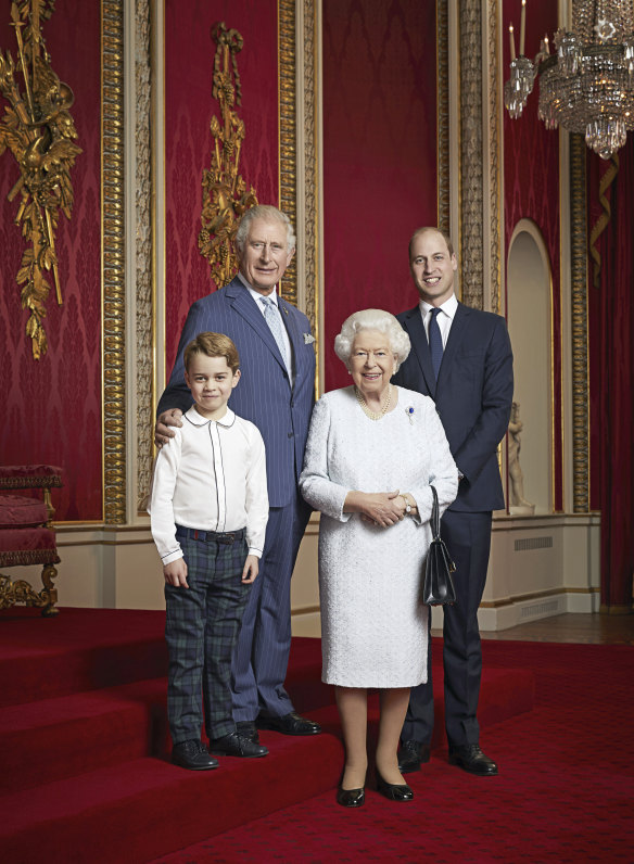 The line of succession: Queen Elizabeth, Prince Charles, Prince William and Prince George pose for a photo to mark the start of the new decade.
