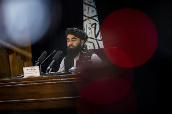 Taliban government spokesman Zabihullah Mujahid gives a press conference in Kabul, Afghanistan.