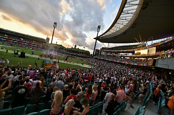 The scene inside the Sydney Cricket Ground as the Sydney Gay and Lesbian Mardi Gras is held inside a stadium for the first time due to Covid crowd control restrictions.