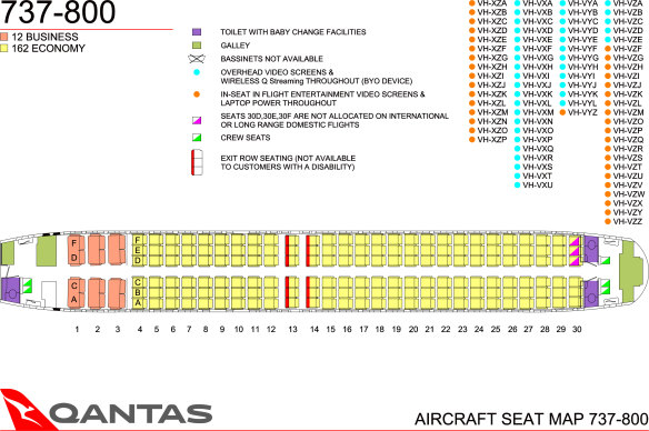 The seat map for a Qantas Boeing 737-800
