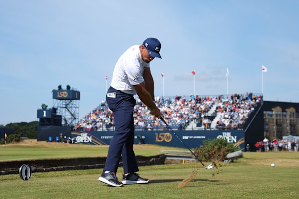 Bryson DeChambeau tees off on the second hole at the 150th Open at St Andrews Old Course in Scotland. 