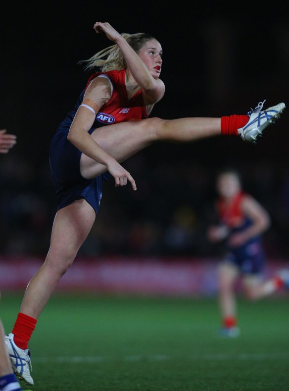Tayla Harris of the Demons kicks a goal during the AFL women's exhibition match.