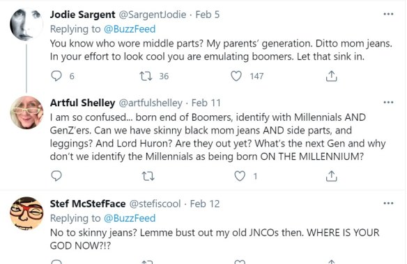 Millennials fight back on Twitter after being roasted by Generation Z’s for loving skinny jeans, hair side-parts, and more. 