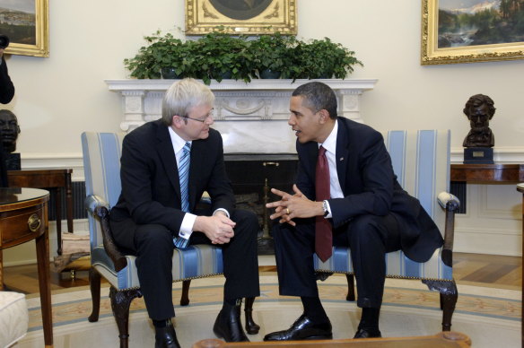 Former prime minister Kevin Rudd with former US president Barack Obama. 