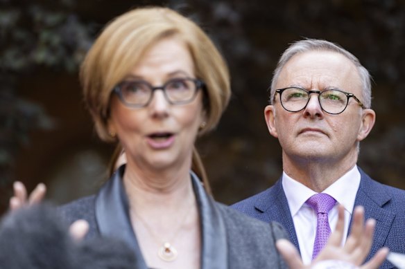 Former Prime Minister Julia Gillard and Opposition Leader Anthony Albanese address the media at a doorstop interview during a visit to Cabra Dominican College in Adelaide, SA.