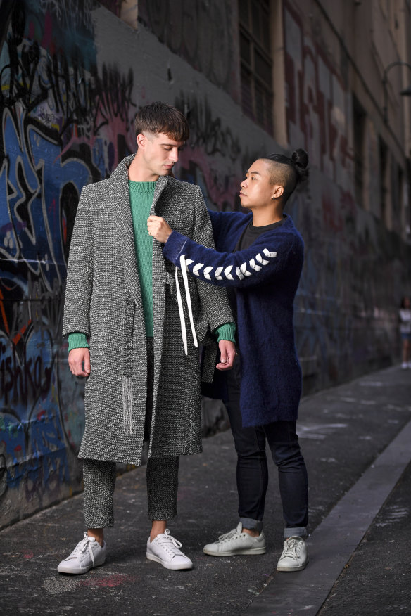 Chris Ran Lin (right) with a model wearing his design at the announcement of the finalists of the National Designer Award on Thursday.