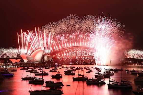 The New Years Eve Fireworks in Sydney Harbour as seen from Mrs Macquaries Point in Sydney at midnight, Jan 1, 2021. Bring on the New Year!