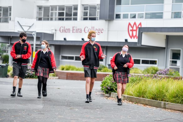 Glen Eira Secondary College year 12 students Alex Leathley, Aimee Harris, Joseph Folwell and Alannah De Jesus  as they return to school to sit their General Achievement Test. 