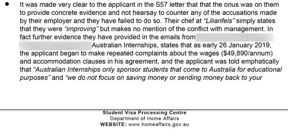A section of the Department of Home Affairs visa refusal letter of July 15.