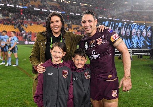 Billy Slater of the Maroons poses for a photograph with his wife Nicole and children Tyla and Jake.