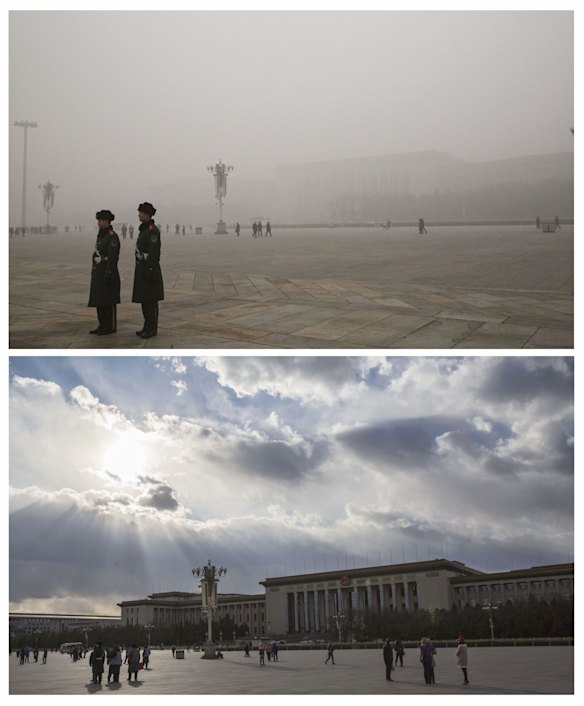 Tiananmen Square and the Great Hall of the People is seen in heavy pollution, top, on December 1 and 24 hours later under a clear sky on December 2.