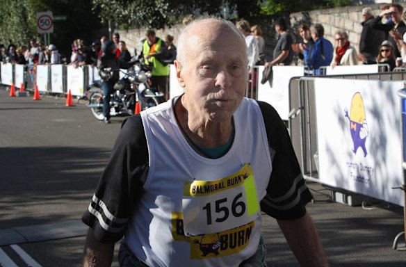 The Humpty Dumpty Foundation's Balmoral Burn run. 81 year old competitor Dennis Westerland crosses the finish line.