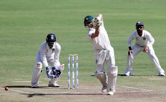  Steve Smith on his way to a century on the third day in Pune.