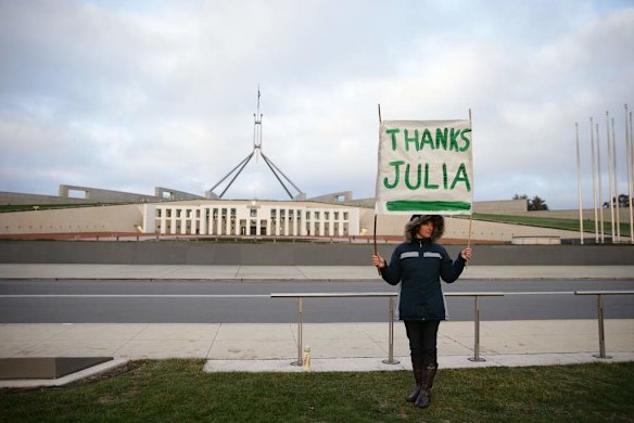 A Julia Gillard supporter out the front of Parliament House in Canberra on Thursday 27 June 2013.