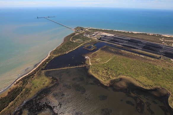 The Abbott Point coal loading facility with coal water run off moving North West into the Wetlands.