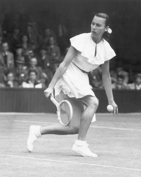 22nd June 1949:  American tennis player Gertrude ‘Gussie’ Moran on court during the Wimbledon Lawn Tennis Championships. 