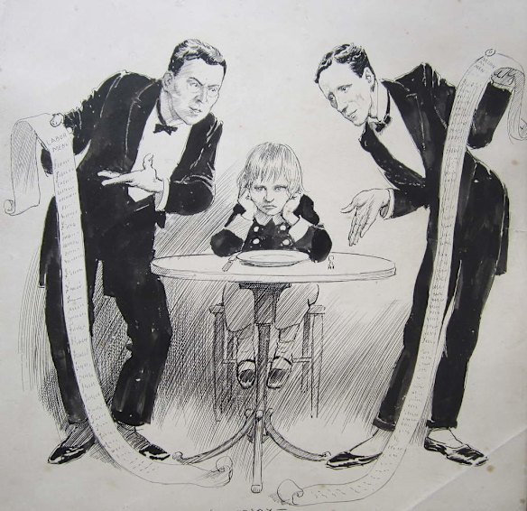Waiters representative of opposing political parties, 'Little Boy from Manly' representative of the young nation of Australia.  'Here you are sir. If there's anything you can't see, just mention it.' 'Well, how am I going to pay for this? That's what I can't see.' Illustration by Norman Lindsay, 1920.