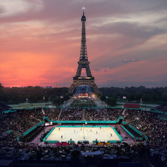 And artist impression of the proposed Eiffel Tower Stadium, which will host beach volleyball for the Olympics and blind football for the Paralympics.
