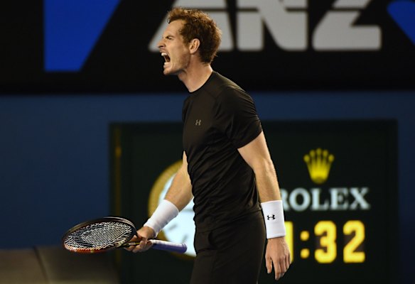 Britain's Andy Murray reacts after a point against Serbia's Novak Djokovic in the men's singles final on day fourteen of the 2015 Australian Open tennis tournament in Melbourne on February 1, 2015. 