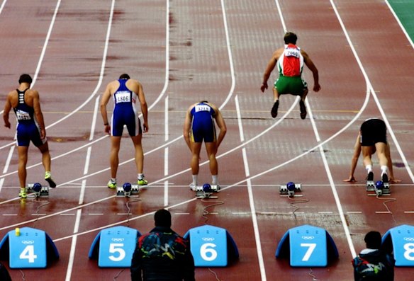 Runners at the start of Heat no.5 during the men's 100m segment of the Decathlon.