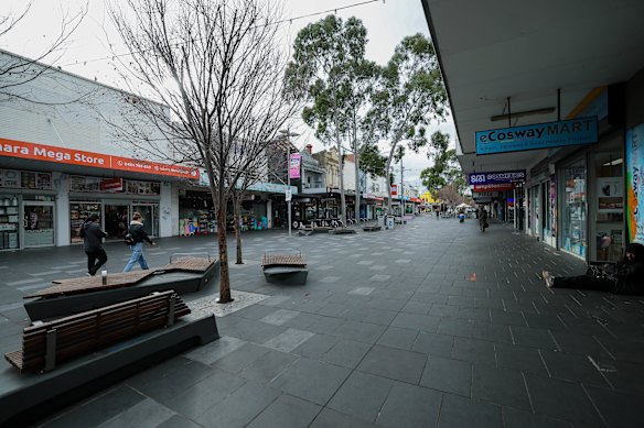 The Nicholson Street Mall in Footscray, which is home to the former Forges site, alongside many vacant shopfronts.