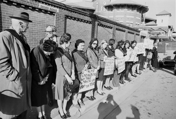 A peaceful anti-apartheid demonstration is held outside the Sydney Cricket Ground on 6 July 1971. 