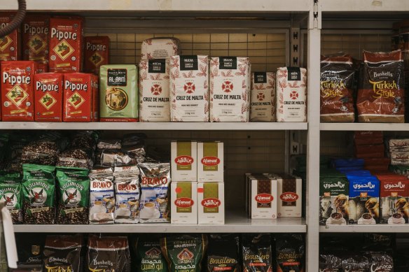 Various ingredients on the shelf at the Valley View Continental Spices & Groceries store.