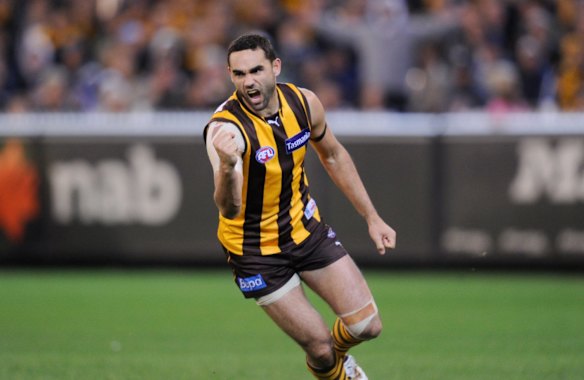 2012 Hawthorn's Shaun Burgoyne celebrates a goal.