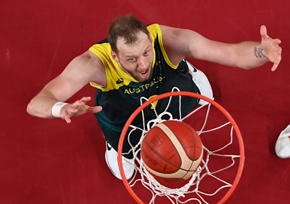 Joe Ingles #7 of Team Australia watches the ball go into the basket during the first half of the Men's Basketball Bronze medal game between Team Slovenia and Team Australia on day fifteen of the Tokyo 2020 Olympic Games at Saitama Super Arena on August 07, 2021 in Saitama, Japan.